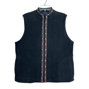Susan Graver Womens Fleece M Vest‎ Black Floral Embroidered Trim Cottage Granny